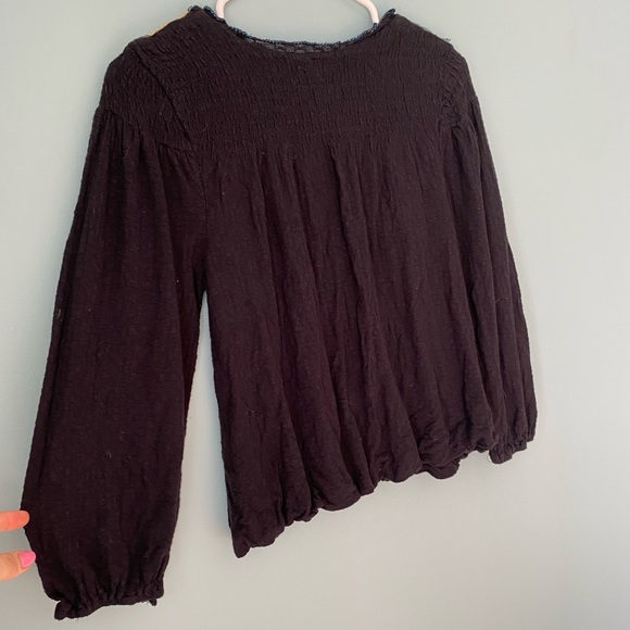 Free People Black Gold Embroidered Peasant Flowy Hippie Boho Baloon Sleeve Shirt - Picture 2 of 12